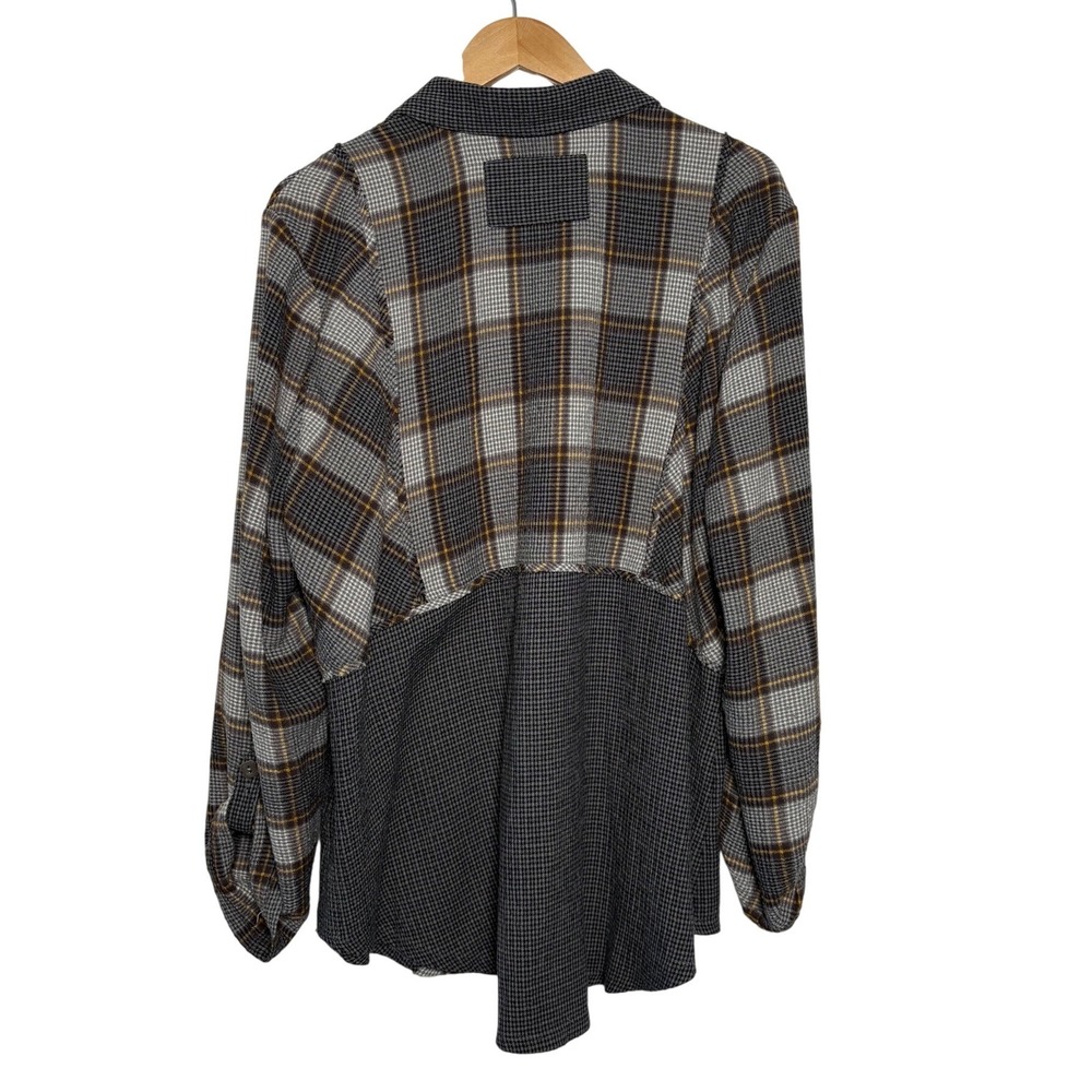 Habitat Lagenlook Button Down Gray Plaid Mixed Print Houndstooth Long Sleeve XL - Picture 2 of 5